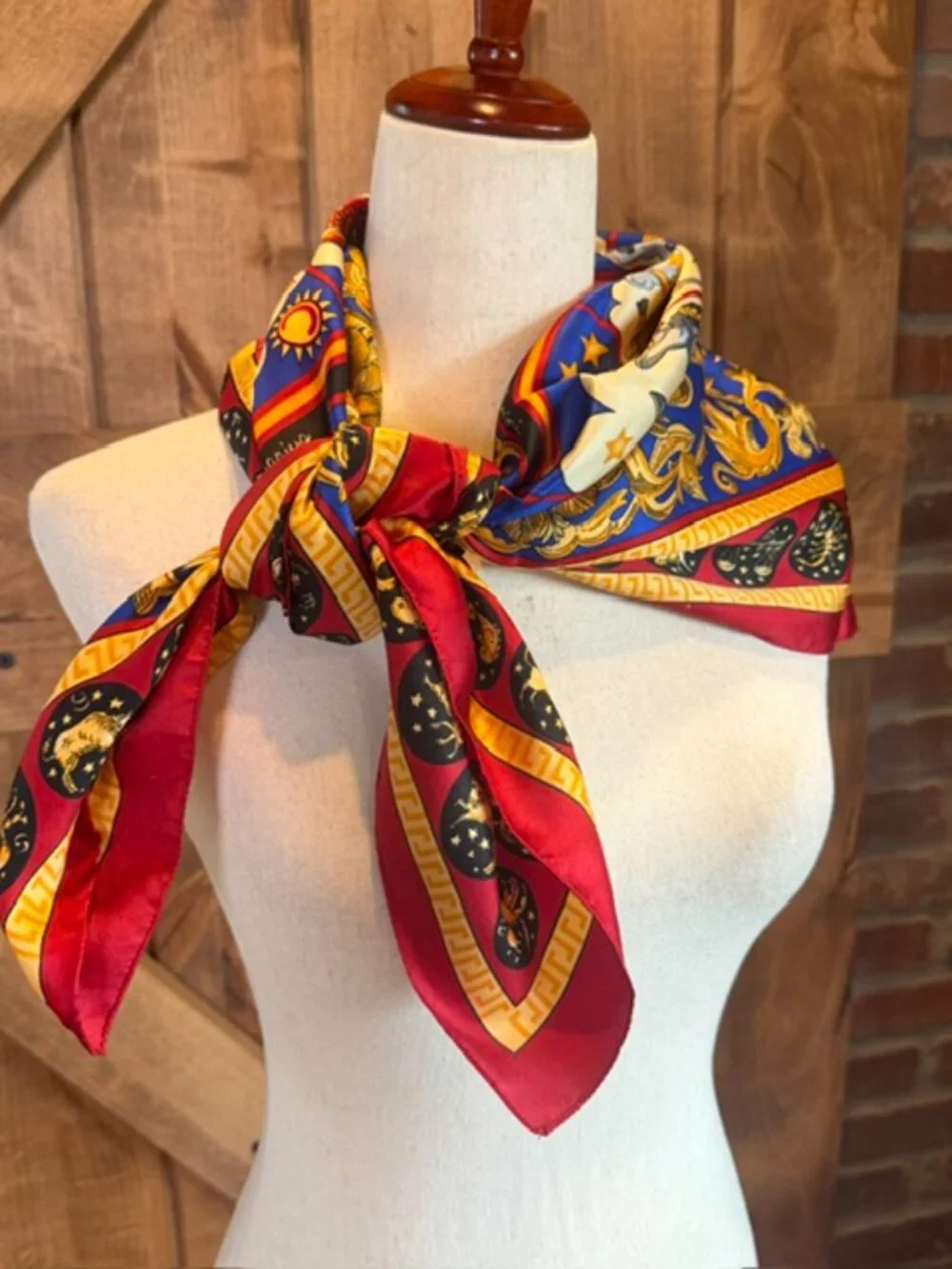 Zodiac Celestial Print Satin Square Scarf Red Blue Gold 35” Wrap Shawl Bandana